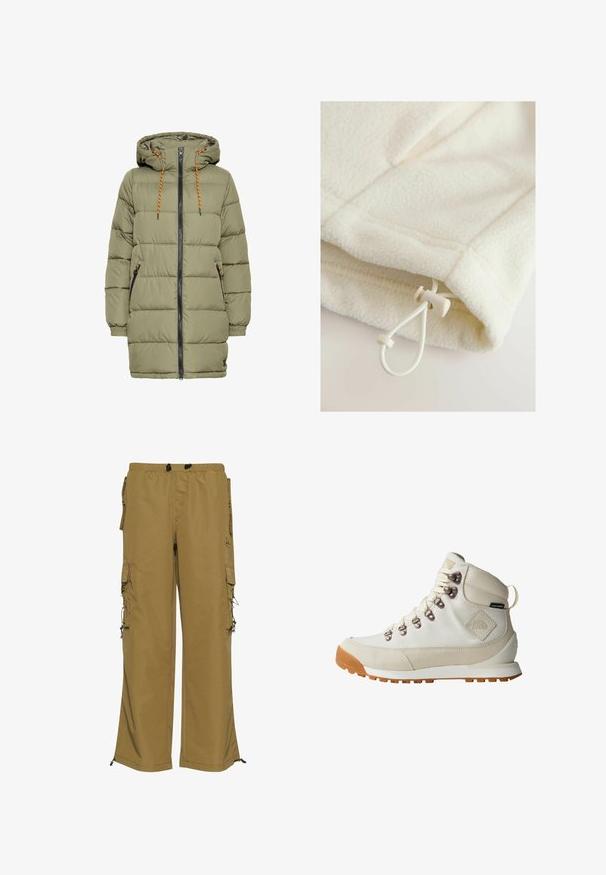 Olijfgroen gewatteerde jas met een capuchon, zwarte rits en oranje trekkoorddetails. Heeft twee zijzakken en elastische manchetten.; Fleece kledingstuk in off-white met een zachte textuur, voorzien van een touwtje met schuifknop voor verstelbaarheid aan de zoom.; Khaki cargobroek met een elastische tailleband, meerdere zijvakken en verstelbare manchetten. Gemaakt van een duurzaam materiaal met een gladde textuur.; Witte wandelboot met een bovenwerk van suede en stof, metalen oogjes en een opvallende rubberen zool. Bevat merkaccenten en een gemêleerde afwerking.
