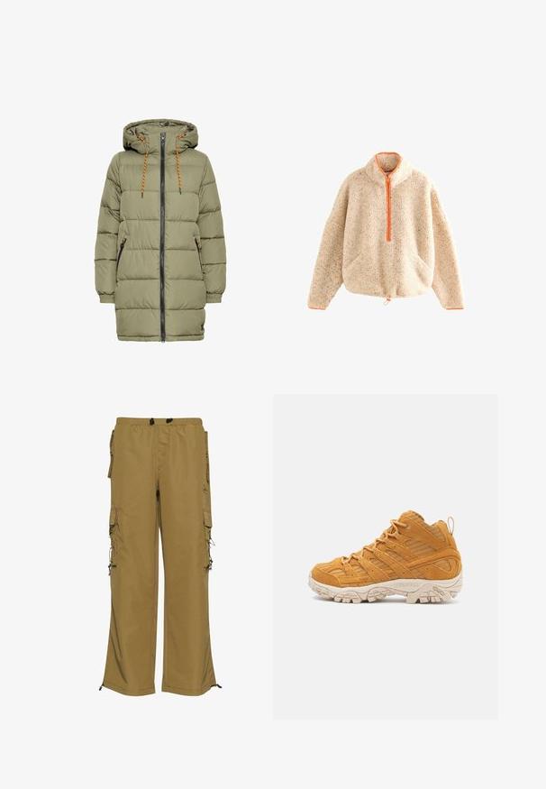 Chaqueta acolchada verde oliva con capucha, cremallera negra y detalles de cordón naranja. Cuenta con dos bolsillos laterales y puños elásticos.; Sudadera de punto beige difuso con cremallera naranja, cuello alto, dos bolsillos frontales y dobladillo con cordón. Textura suave con detalles moteados.; Pantalones cargo color caqui con cintura elástica, múltiples bolsillos laterales y puños ajustables. Fabricados con un tejido duradero y de textura suave.; Zapatilla de senderismo alta en gamuza amarilla mostaza, con superposiciones texturizadas, una puntera reforzada y una suela exterior de goma color crema.
