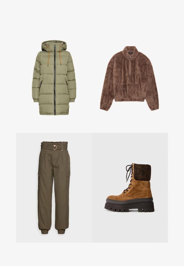 Olijfgroen gewatteerde jas met een capuchon, zwarte rits en oranje trekkoorddetails. Heeft twee zijzakken en elastische manchetten.; Bruine, fuzzy pullover van zachte stof, met een kwart rits kraag, lange mouwen en een vo zak. Getextureerd, warm ontwerp.; ONLY ONLSAIGE PANT - Broek - kalamata; Bruine suède enkellaars met zwarte nepleren kraag, vetersluiting aan de voorkant en chunky zwarte plateauzool met uitsnijdingen.