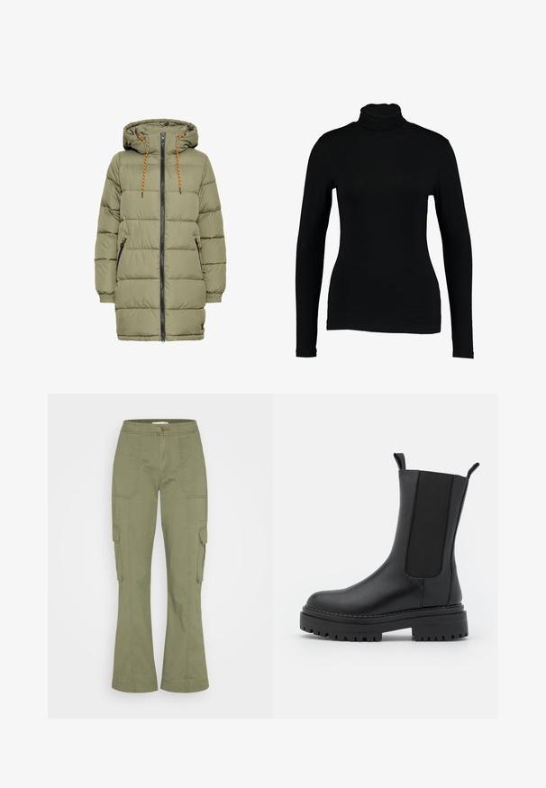 Chaqueta acolchada verde oliva con capucha, cremallera negra y detalles de cordón naranja. Cuenta con dos bolsillos laterales y puños elásticos.; Top negro de manga larga con cuello alto hecho de tela suave, con un diseño ajustado y un cuello alto, adecuado para usar en capas o como prenda independiente.; Abercrombie & Fitch RELAXED WAIST PANT - Pantalones cargo - dusty olive; RAID CHERISH - Botas con plataforma - black