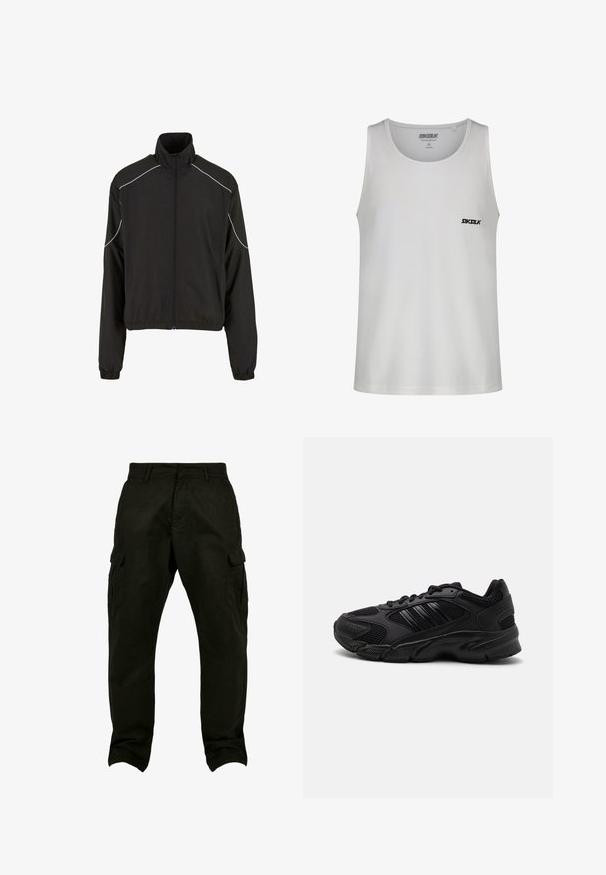 Schwarze leichte Jacke mit hohem Kragen und Reißverschluss. Mit elastischen Bündchen und weißen Akzentlinien entlang der Schultern. Glatte Textur.; Weißes ärmelloses Tanktop mit rundem Ausschnitt und kleinem schwarzem "SIKSILK"-Logo auf der linken Brust.; Schwarze Baumwoll-Cargohosen mit entspannter Passform, seitlichen Taschen, Gürtelschlaufen und geraden Beinen. Strukturierter Stoff und verstärkte Nähte.; Schwarze Sportschuhe mit einer Kombination aus atmungsaktivem Mesh und synthetischen Materialien. Auffällige strukturierte Sohle und drei schwarze Streifen an der Seite.