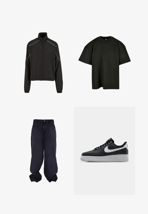 Zwarte lichte jas met een hoge kraag en rits sluiting. Voorzien van elastische manchetten en witte accentlijnen op de schouders. Glad textuur.; Zwart oversized t-shirt van zachte katoen. Heeft een ronde ronde halslijn en korte mouwen, met een zachte textuur en een minimalistisch ontwerp.; Zwarte oversized baggy jeans met knoop- en ritssluiting aan de voorkant, voorzakken en losse, brede pijpen.; Zwarte lederen sneaker met een textuur oppervlak, witte Nike swoosh, grijze zool, ronde neus en vetersluiting. Bevat perforaties op de neus.