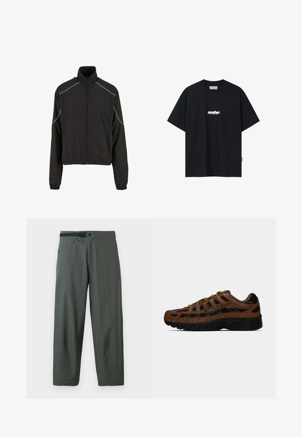 Zwarte lichte jas met een hoge kraag en rits sluiting. Voorzien van elastische manchetten en witte accentlijnen op de schouders. Glad textuur.; Zwarte oversized T-shirt met korte mouwen en witte vervormde tekst "another" centraal op de borst.; Donkergroene, lichte broek gemaakt van synthetische stof. Met een verstelbare tailleband, zijzakken en een recht gesneden ontwerp.; Bruine en zwarte lage sneakers met groene Nike swoosh, gele en zwarte veters en zwarte zool, zijaanzicht op een effen achtergrond.