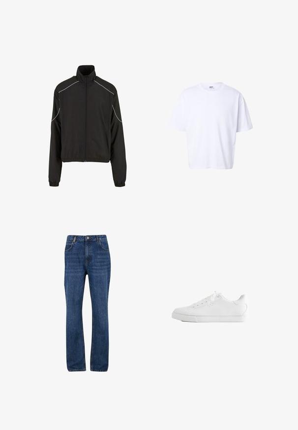 Zwarte lichte jas met een hoge kraag en rits sluiting. Voorzien van elastische manchetten en witte accentlijnen op de schouders. Glad textuur.; Effen witte katoenen T-shirt met korte mouwen, ronde hals, losse pasvorm en Urban Classic merklabel aan de binnenkant van de kraag.; Donkerblauwe denim jeans met een rechte pijp, voorzien van voorzakken, riemlussen en een rits met knoopsluiting.; Witte lage sneaker met veters, glad leren bovenwerk en een platte rubberen zool, vanaf de zijkant op een witte achtergrond.