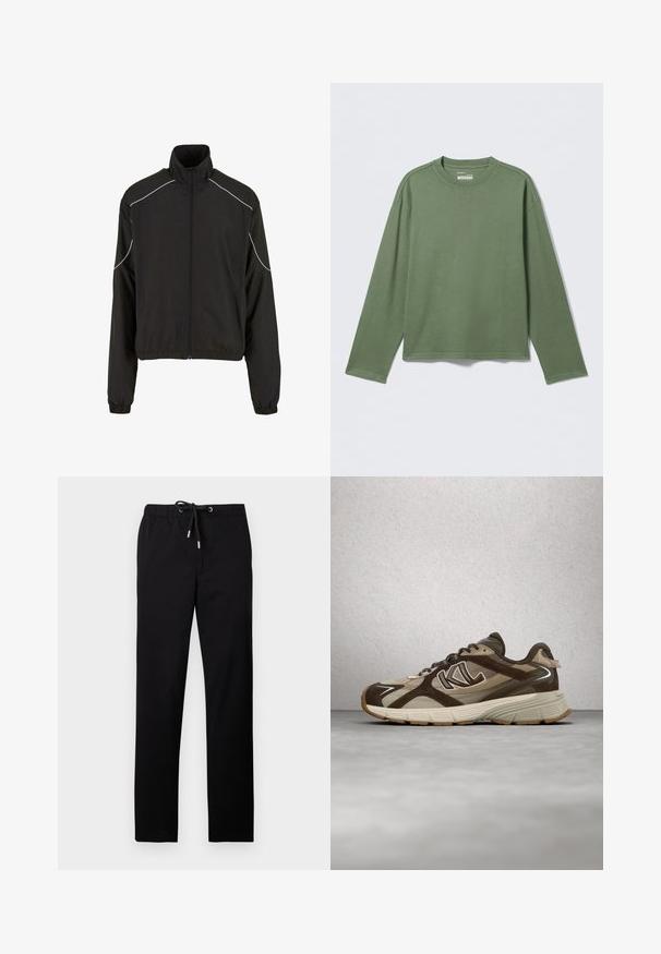 Zwarte lichte jas met een hoge kraag en rits sluiting. Voorzien van elastische manchetten en witte accentlijnen op de schouders. Glad textuur.; Effen groen shirt met lange mouwen en ronde hals, rechte zoom, plat gelegd op een lichtgrijze ondergrond.; Zwarte broek van lichtgewicht stof, met een elastische tailleband met koord, rechte pijpen en zijzakken.; Bruine en beige atletische sneaker met gestructureerde zool en vetersluiting, zwevend in de lucht tegen een vervaagde, moderne glazen muur als achtergrond.