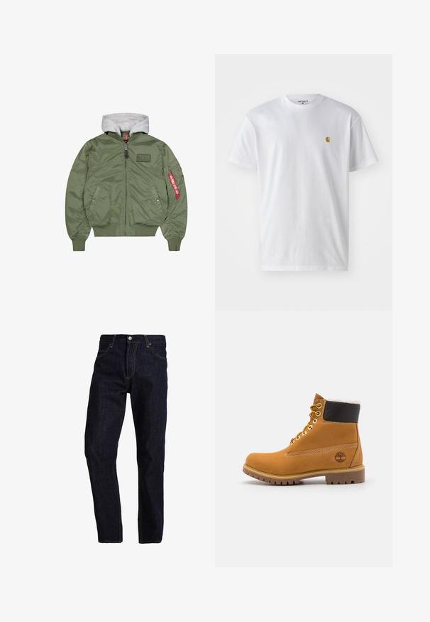 Olijfgroene bomberjack met ribgebreide manchetten en tailleband, grijze capuchon, klepzakken en een ritszak op de arm met een rode labeldetail.; Witte katoenen t-shirt met korte mouwen en ronde hals, voorzien van een klein gouden logo op de linkerkant van de borst. Zachte textuur en een normale pasvorm.; Donkerblauwe spijkerbroek met een rechte pasvorm, voorzien van gele stiksels, vijf zakken en een klassieke knoop- en ritsluiting.; Bruine leren enkellaars met metalen oogjes, witte faux bont voering, zwarte gewatteerde kraag, robuuste zool en een reliëflogo aan de zijkant.