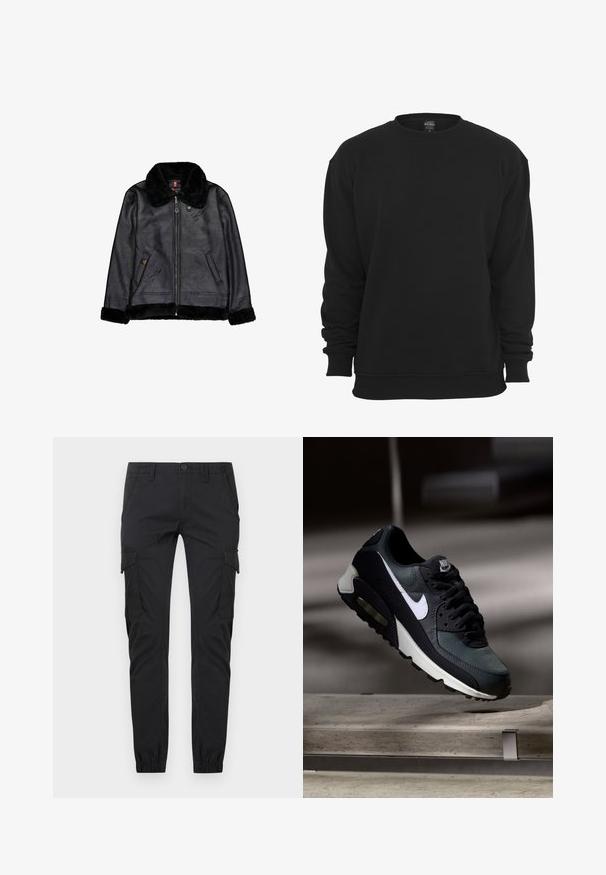 Schwarze Jacke aus Kunstleder mit schwarzem Kunstpelzkragen, -manschetten und -saum, Frontreißverschluss und zwei schrägen Taschen.; Schwarzer Sweatshirt mit Rundhalsausschnitt und langen Ärmeln, aus Baumwollmischgewebe. Verfügt über gerippte Bündchen und Saum, eine weiche Textur und eine lockere Passform.; Schwarze Slim-Fit-Cargohosen mit Vordertaschen, seitlichen Klappentaschen, Gürtelschlaufen, Knopfverschluss und elastischen Bündchen an den Knöcheln.; Schwarzer und grauer Nike Air Max Sneaker mit weißem Swoosh, schwebend über einer Betonfläche vor einem verschwommenen dunklen Hintergrund.