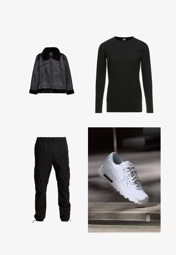 Schwarze Jacke aus Kunstleder mit schwarzem Kunstpelzkragen, -manschetten und -saum, Frontreißverschluss und zwei schrägen Taschen.; Urban Classics STRETCH TERRY - Langarmshirt - black; Schwarze Cargo-Hosen aus strapazierfähigem Stoff, mit elastischem Bund, verstellbaren Kordeln und Seitentaschen mit Klappen.; Weiße Lederturnschuhe mit strukturierten Oberflächen, gepolstertem Kragen und sichtbarer Luftpolsterung in der Sohle. Verfügt über Schnürsenkel und ein minimalistisches Design.