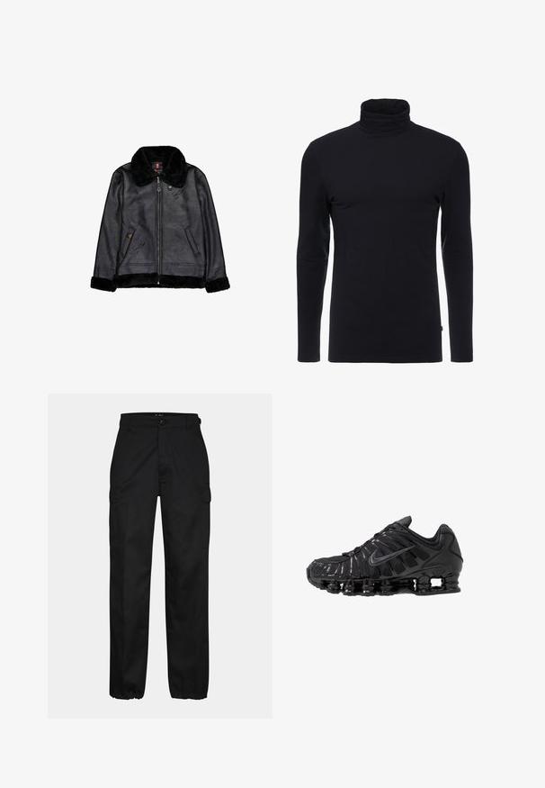 Sort jakke i imiteret læder med sort imiteret pelskrave, manchetter og kant, foran lynlås og to skrå lommer.; Sort langærmet turtleneck skjorte lavet af blødt, strækbart stof. Har et tætsiddende design og en glat tekstur. Ingen synlige mønstre eller accenter.; Sorte cargo bukser med lige pasform, der har sidelommer, knaplukning og elastiske manchetter ved anklerne. Fremstillet af slidstærkt stof.; Sorte atletikskoser lavet af mesh og syntetiske materialer, med et karakteristisk bølget design, sort gummisål og reflekterende detaljer.