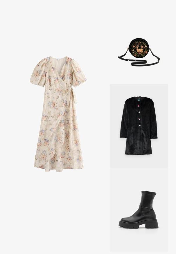 Sort faux pelsjakke med rund halsudskæring, lange ærmer og farverige ædelstenslignende knapper foran. Blød tekstur og mellemlang design.; Lyse beige omslagskjole med pufærmer, blomsterprint i pink og blå og bindebælte i taljen, midi længde med overlappende forpaneler.; RAID NOELIA - Plateaustøvletter - black; Rund sort crossbody taske lavet af stof med et farverigt broderet hjorte-design omgivet af blomster. Har en fletningstrap og lynlåslukning.