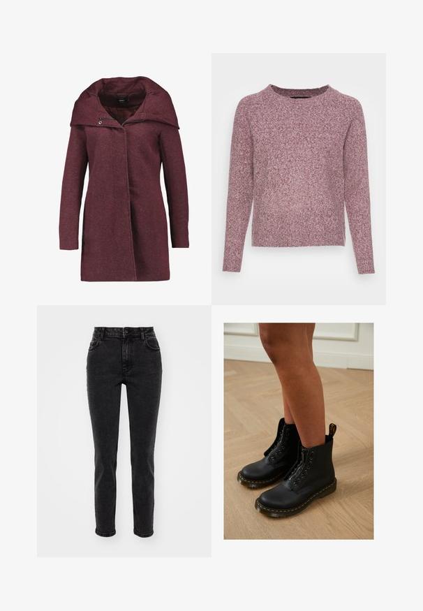 ONLY ONLSEDONA LIGHT COAT OTW NOOS - Manteau court - chocolate truffle/melange; Pull mauve à manches longues et col rond, en maille douce et texturée, présenté à plat sur fond blanc. Aucun logo ou motif visible.; Jeans en denim noir avec une coupe droite, un design à cinq poches, des passants de ceinture standards et une texture lisse. Fermeture à bouton à l'avant.; Bottines en cuir noir avec fermeture éclair et design à lacets, arborant des coutures jaunes et une semelle épaisse et texturée.
