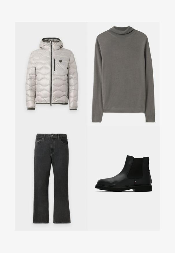 Veste rembourrée gris clair avec fermeture éclair, col haut et capuche. Présente un motif matelassé horizontal et une poche poitrine avec bouton-pression.; Pull à col roulé gris en tissu doux et léger. Présente des manches longues et un col côtelé avec une texture lisse sur l'ensemble.; Jean en denim noir avec une coupe droite, doté d'une taille mi-haute, de cinq poches et d'une fermeture par bouton. Texture légèrement délavée sur l'ensemble.; Botte Chelsea noire en cuir avec des panneaux latéraux élastiques, un bout rond et une tige texturée. Elle est dotée d'une semelle en caoutchouc plate et d'un détail de branding subtil.