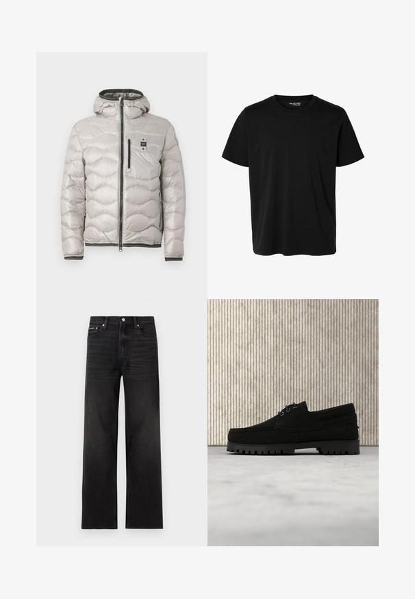 Veste rembourrée gris clair avec fermeture éclair, col haut et capuche. Présente un motif matelassé horizontal et une poche poitrine avec bouton-pression.; T-shirt noir uni à manches courtes et col rond pour homme, sans motifs ni logos visibles à l’avant.; Jean noir droit avec cinq poches, passants pour ceinture et fermeture par bouton, présenté sur un fond blanc.; Chaussure noire à lacets avec semelle épaisse à nervures flottant au-dessus d'un tapis beige, table ronde moderne marron en arrière-plan dans une pièce à éclairage doux.
