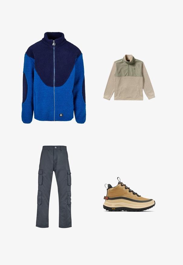 Blå og marineblå fleecejakke med høj krave, fuld frontlynlås og tekstureret stof. Har kontrasterende store paneler og et mærket patch.; Fleece pullover i beige og olivengrøn med halvlukket design, høj krave og to sidelommer. Glat tekstur på det øverste panel.; Mørkegrå cargo bukser med lige ben-design, der har flere sidelommer og lukning med knap foran. Lavet af slidstærkt stof.; Tanfarvet højt snøresko med tekstureret finish, markant sort ydersål og orange accenter. Har snøresystem og polstret krave for støtte.