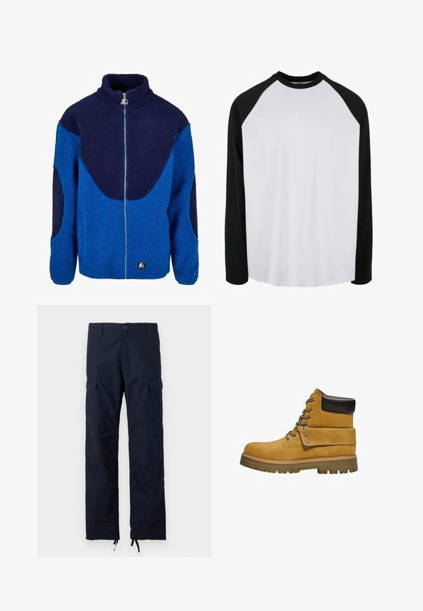 Veste en polaire bleue et marine avec un col haut, fermeture éclair sur toute la façade et un tissu texturé. Présente de grands panneaux contrastants et un écusson de marque.; T-shirt raglan à manches longues avec un corps blanc et des manches noires, fabriqué en coton doux, avec un col rond et une coupe décontractée.; Pantalon cargo bleu marine avec fermeture par bouton, passants de ceinture, poches latérales à rabat et cordons réglables aux ourlets aux chevilles.; Botte de travail beige avec col noir rembourré, laçage à l'avant, rabat replié maintenu par des œillets métalliques et semelle épaisse en caoutchouc crantée.