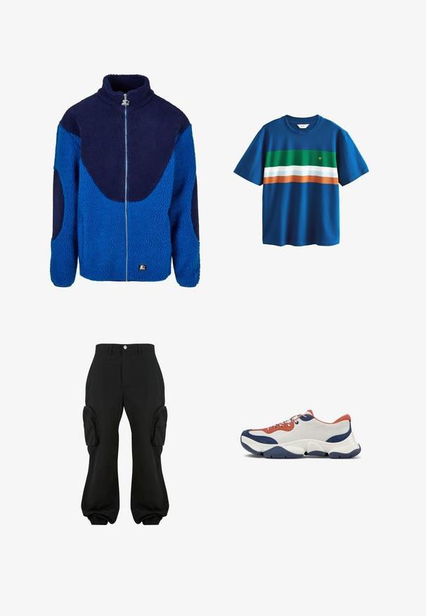 Blå og marineblå fleecejakke med høj krave, fuld frontlynlås og tekstureret stof. Har kontrasterende store paneler og et mærket patch.; Blå T-shirt med korte ærmer med grønne, hvide og orange vandrette striber hen over brystet og et lille gult logo på den grønne stribe.; Sorte cargobukser med en afslappet pasform, der har to sidelommer, elastiske manchetter ved anklerne og en knaplukning i taljen.; Sneakers med en overdel i hvid læder, orange og marineblå detaljer, flerfarvede snørebånd og en tyk marineblå gummisål med teksturerede riller.