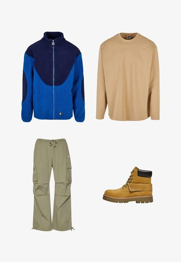 Veste en polaire bleue et marine avec un col haut, fermeture éclair sur toute la façade et un tissu texturé. Présente de grands panneaux contrastants et un écusson de marque.; T-shirt beige à manches longues en coton doux, avec un col rond, une coupe décontractée et une texture lisse avec des détails de couture minimes.; Pantalons cargo en vert olive, fabriqués à partir d'un tissu léger, avec une taille élastique, des poignets ajustables et plusieurs poches latérales.; Botte de travail beige avec col noir rembourré, laçage à l'avant, rabat replié maintenu par des œillets métalliques et semelle épaisse en caoutchouc crantée.