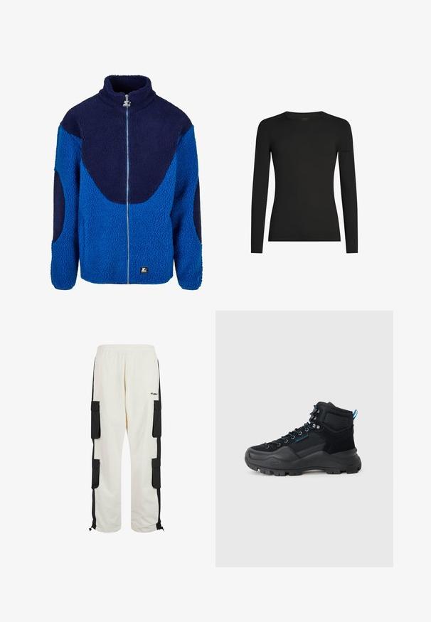 Blå og marineblå fleecejakke med høj krave, fuld frontlynlås og tekstureret stof. Har kontrasterende store paneler og et mærket patch.; Sort, tætsiddende langærmet T-shirt med rund hals og et diskret Icebreaker-logo på venstre ærme, vist på en hvid baggrund.; Hvide cargo-bukser med sorte sidelommer, elastisk talje og cargo-lommer. Har justerbare afslutninger og FUBU-logo på venstre ben.; Sorte vandrestøvler med en kombination af tekstureret syntetisk materiale og mesh, med blå accenter, metaløjer og en robust sål.