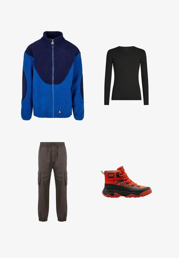 Chaqueta de forro polar azul y marino con un alto cuello, cremallera frontal completa y tejido texturizado. Presenta paneles grandes en contraste y un parche de marca.; Camiseta negra de manga larga ajustada con cuello redondo y un sutil logo de Icebreaker en la manga izquierda, mostrada sobre un fondo blanco.; Pantalones cargo marrones con cintura elástica, cordón, puños ajustados y bolsillos laterales para almacenamiento. Textura de tela suave.; Botas de senderismo impermeables en naranja brillante y negro, con caña alta, detalles en gris y suela de goma texturizada para mayor tracción.
