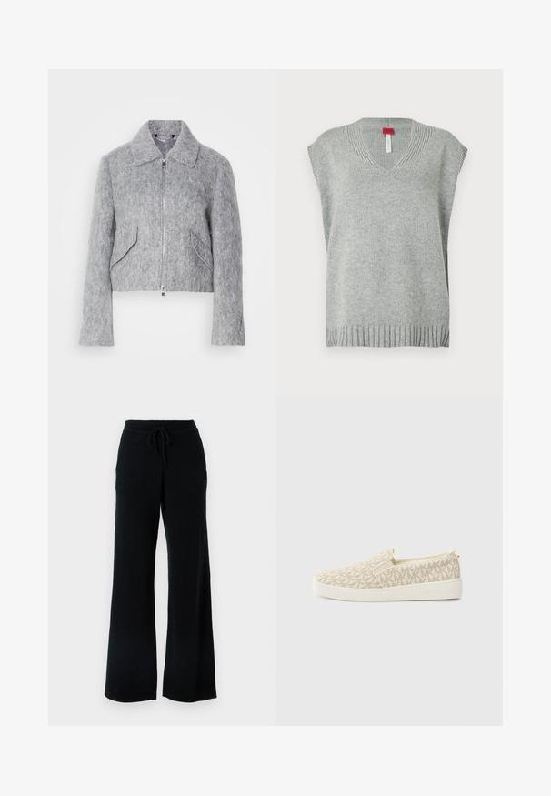 Veste grise courte en matériau feutré, avec une fermeture éclair à l'avant, un grand col et deux poches avant inclinées. Texture lisse sur toute la surface.; Gilet sans manches en tricot gris clair avec col en V et ourlet et encolure côtelés, présenté sur fond blanc.; Pantalon noir large en tissu doux avec une taille élastiquée à cordon. Présente une texture lisse et sans motifs ou accents visibles.; Bottines à enfiler avec une tige en tissu beige ornée d'un motif répétitif de logo "MK", une semelle en caoutchouc blanche et un design texturé.