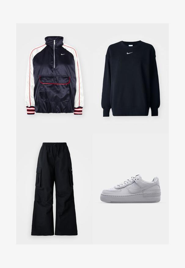 Chaqueta de satén azul marino con mangas blancas, detalles en rojo, cuello de media cremallera y un bolsillo frontal. Presenta puños acanalados a rayas y un logo.; Sudadera negra hecha de una mezcla de algodón; cuello redondo ribeteado, mangas largas y puños elásticos; presenta un pequeño logo plateado de Nike en el pecho.; Pantalones cargo negros de pierna ancha, con cinturilla elástica, cordón ajustable y dos bolsillos laterales. Hechos de un tejido suave y ligero.; Zapatilla Nike Air Force 1 gris con puntera perforada, parte superior de cuero suave, suela gruesa y detalle en relieve 'AIR' en el talón.
