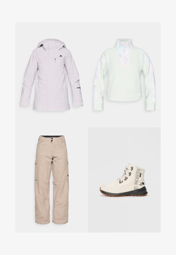 Lichtgrijze waterdichte jas met een ritssluiting aan de voorkant, verstelbare capuchon en zwart logo op de borst. Beschikt over ritszakken en zwarte accenten.; Fleece pullover in lichtmunt met een half-rits kraag. Kenmerkt zich door iriserende accentstrepen op de mouwen en een gestructureerd materiaal.; Beige cargobroeken met een ontspannen fit, gemaakt van waterafstotende stof. Beschikt over twee zijzakken, een rits aan de zoom en een knoopsluiting.; Witte geïsoleerde laars met een zwarte rubberen zool, witte veters en "The North Face" branding. Heeft een gevoerde kraag en gestructureerde stof.
