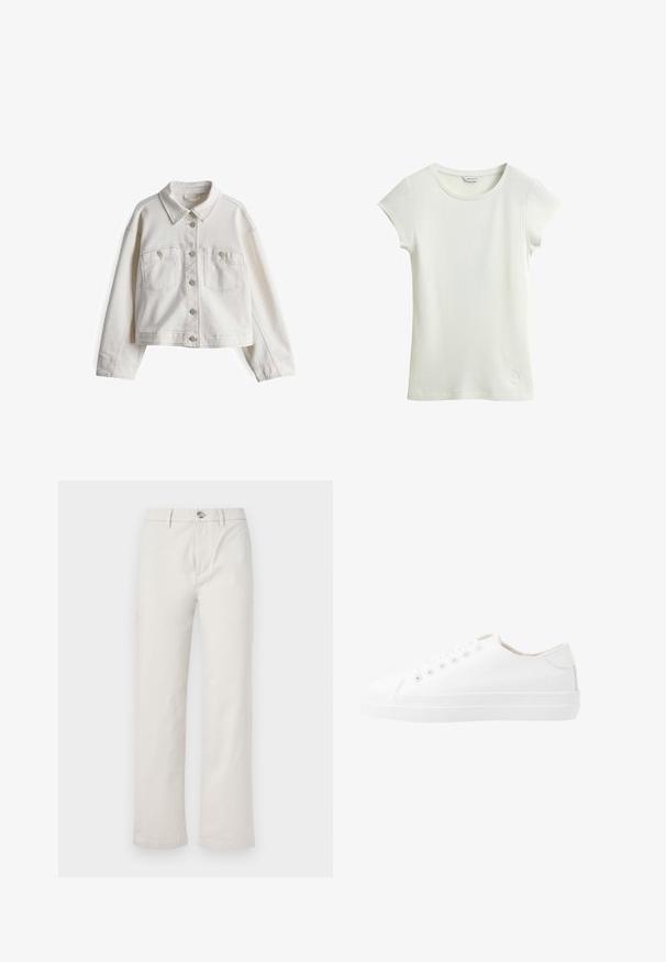 Weißer Denim-Jacke mit klassischem Kragen, frontaler Knopfleiste, zwei Brusttaschen und langen Ärmeln in taillierter Passform.; Weißes kurzärmeliges, geripptes Strick-T-Shirt mit rundem Ausschnitt und figurbetontem Stil auf weißem Hintergrund.; Helle beige weit geschnittene Hose aus Baumwolle mit einem vorderen Knopfverschluss, seitlichen Taschen und einer sauberen, glatten Textur.; Weiße Leinenschuhe mit niedrigem Schnitt, runder Zehenpartie, sechs Ösen und einer strukturierten Gummisohle. Glattes Material mit minimalen Akzenten.