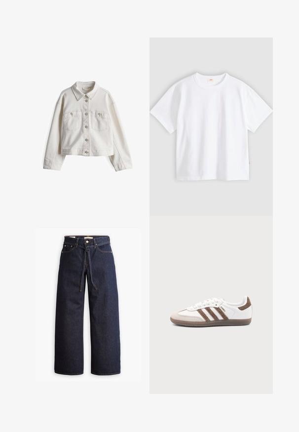 Weißer Denim-Jacke mit klassischem Kragen, frontaler Knopfleiste, zwei Brusttaschen und langen Ärmeln in taillierter Passform.; Weißes Baumwoll-T-Shirt mit kurzen Ärmeln, rundem Ausschnitt, lockerer Passform, glatter Textur und einem kleinen Logetikett an der linken Seitennaht.; Weite, dunkelblaue Jeans aus Denim mit hoher Taille, ausgestattet mit einem Kordelzug, fünf Taschen und kontrastierenden Nähdetails.; Weißer Adidas Samba Sneaker mit braunen Wildlederstreifen, brauner Gummisohle und beiger Wildlederkappe, von der Außenseite auf schlichtem Hintergrund gezeigt.