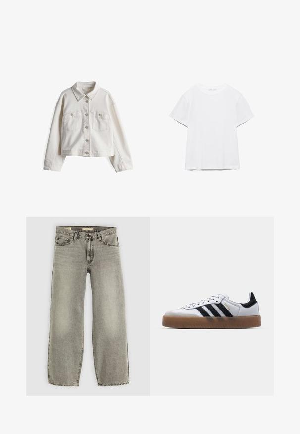 Weißer Denim-Jacke mit klassischem Kragen, frontaler Knopfleiste, zwei Brusttaschen und langen Ärmeln in taillierter Passform.; Unifarbenes weißes T-Shirt mit kurzen Ärmeln und Rundhalsausschnitt, gerader Saum, dargestellt auf weißem Hintergrund.; Helle graue, weite Jeans aus Denim. Verfügt über die traditionelle Fünf-Taschen-Optik und leichte Ausbleichungen im gesamten Stoff.; Weiße Leder Sneakers mit schwarzen Streifen, Gummigummi-Außensohle, runder Zehenform, Schnürverschluss und weichem grauem Wildleder-Zehenkappe.