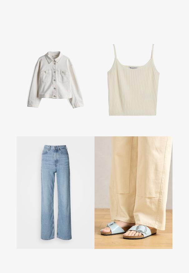 Weißer Denim-Jacke mit klassischem Kragen, frontaler Knopfleiste, zwei Brusttaschen und langen Ärmeln in taillierter Passform.; Cremefarbener, gerippter Stoff-Tanktop mit dünnen Trägern und einem abgerundeten Ausschnitt, mit einer weichen Textur und einer figurbetonten Silhouette.; Hellblaue hochgeschnittene Jeans mit geradem Bein, aus Denim gefertigt, mit einem Frontknopfverschluss und dezenten Verblassungen.; Helles blaues Rutschen-Sandalen mit einem breiten Riemen und einer silbernen Schnalle, ausgestattet mit einer strukturierten Kork-Fußbett und einer schwarzen Gummisohle.