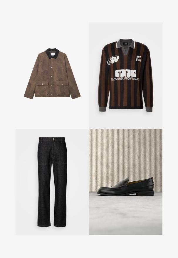 Chaqueta marrón texturizada con un cuello de pana negro, cierres de presión en el frente y dos grandes bolsillos. Diseño minimalista y forma moderna.; Suéter a rayas marrón y negro con un cuello gris, que presenta texto y logotipo en blanco. Mangas largas con puños acanalados y corte relajado.; Pantalones de mezclilla negros con corte recto, costuras visibles y cierre frontal con botón. Incluye dos bolsillos laterales y dos bolsillos traseros.; Mocasín de cuero negro para hombre con empeine grabado en relieve de cocodrilo y tacón bajo, mostrado de perfil sobre un fondo neutro.