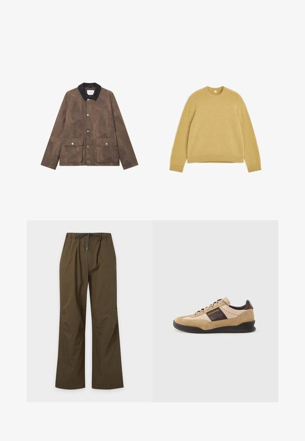 Chaqueta marrón texturizada con un cuello de pana negro, cierres de presión en el frente y dos grandes bolsillos. Diseño minimalista y forma moderna.; Jersey de manga larga con cuello redondo en marrón claro con puños y dobladillo acanalados, extendido sobre un fondo blanco.; Pantalones casual de color verde oliva con cintura elástica y cordón delantero, corte recto y ajuste holgado.; Zapatilla de ante beige con un panel marrón texturizado, talón marrón contrastante y cordones multicolor. Cuenta con una suela de goma negra y una marca dorada.