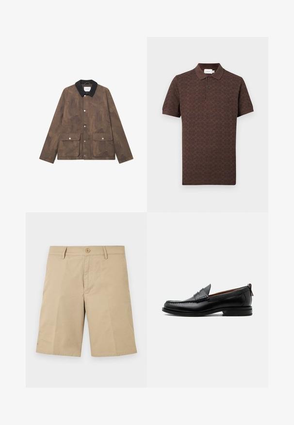 Bruine, textuurstof jas met een zwarte corduroy kraag, drukknopen aan de voorkant en twee grote zakken. Minimalistisch ontwerp en moderne vorm.; Bruin poloshirt met korte mouwen, met tonale Coach-signatuurprint, twee knopen aan de plooi en klassieke kraag op een witte achtergrond.; Beige knielange shorts met riemlussen, voorste knoop en ritssluiting, plat liggend op een witte achtergrond weergegeven.; Zwarte leren herensloffen met moc toe stiksel, pennyriem, gestructureerde kraag en lage gestapelde hak op witte achtergrond.