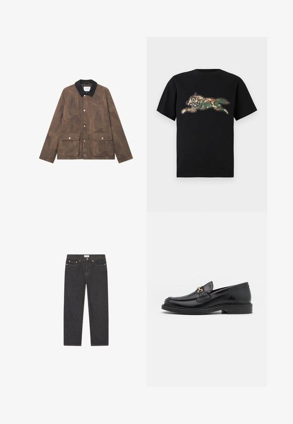 Bruine, textuurstof jas met een zwarte corduroy kraag, drukknopen aan de voorkant en twee grote zakken. Minimalistisch ontwerp en moderne vorm.; Icecream CAMO RUNNING DOG WOODLAND - T-shirt print - black; Donkerdenim jeans met een recht gesneden ontwerp, vijf zakken, metalen hardware en een subtiele textuur; minimale branding op de tailleband.; Zwarte leren instappers met een ronde neus, voorzien van een gouden hardware accent en stikdetails, geplaatst op een lage, getextureerde rubberen zool.