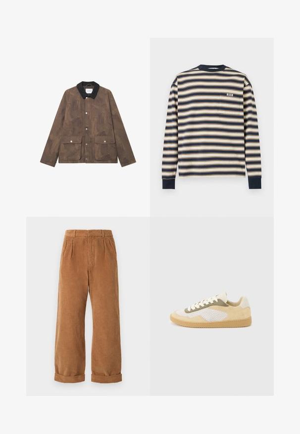 Chaqueta marrón texturizada con un cuello de pana negro, cierres de presión en el frente y dos grandes bolsillos. Diseño minimalista y forma moderna.; Camiseta de manga larga a rayas azul marino y beige con cuello y puños negros, con un bolsillo delantero con el logo de MSGM en el pecho.; Pantalones de sarga marrones con un diseño de pierna ancha, que presentan pliegues frontales y dobladillos enrollados. La tela tiene una apariencia texturada y con estrías.; Zapatilla baja con ante beige, paneles de malla blanca, detalles en oliva, cordones blancos y suela de goma color caramelo sobre un fondo gris claro.