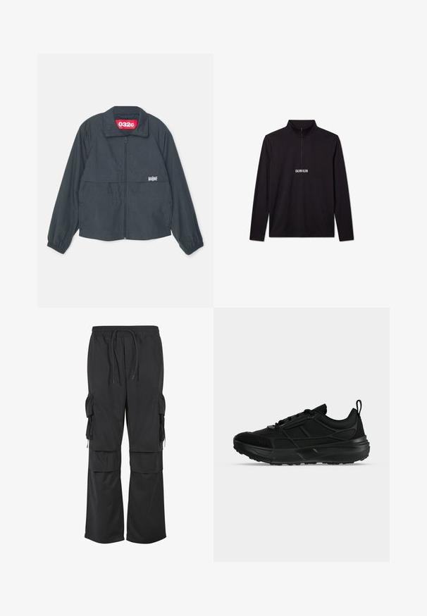 Schwarze Zip-Jacke mit hohem Kragen, ausgestattet mit zwei Fronttaschen, elastischen Bündchen und einem roten Etikett im Kragen.; Schwarzer Langarm-Pullover von Calvin Klein mit Viertel-Reißverschluss und weißem Logo auf der Brust.; Schwarze weite Cargo-Hosen mit elastischem Bund, Kordelzug und mehreren Klappentaschen an den Oberschenkeln und Unterschenkeln.; Schwarzer sportlicher Sneaker mit Mesh- und synthetischem Obermaterial, Schnürverschluss, gepolstertem Kragen und dicker Gummisohle, seitlich dargestellt.