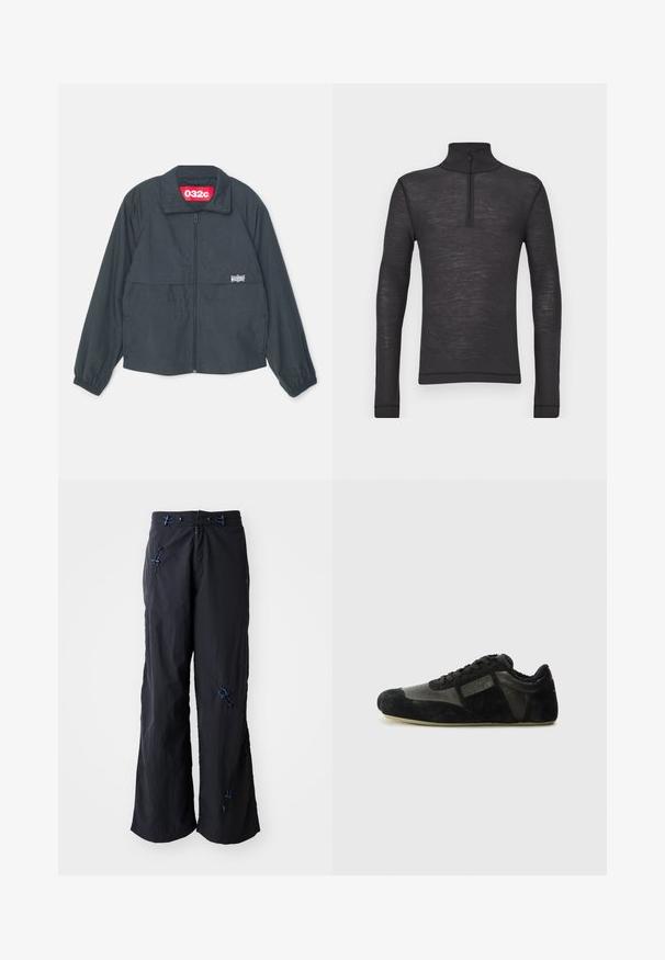 Schwarze Zip-Jacke mit hohem Kragen, ausgestattet mit zwei Fronttaschen, elastischen Bündchen und einem roten Etikett im Kragen.; Schwarzes Langarm-Turtleneck-Shirt aus einem strukturierten Stoff, mit einem Halbreißverschluss am Kragen und eng anliegenden Ärmeln.; Schwarze, leichte, weit geschnittene Hosen mit strukturierter Oberfläche. Mit blauen Akzenten und verstellbaren Zügen. Reißverschluss.; Schwarze Sneaker aus Wildleder und Leder. Sie verfügen über ein niedriges Profil, eine abgerundete Spitze, ein Schnürdesign und strukturierte Akzente. Die Sohlen haben ein rutschfestes Muster.