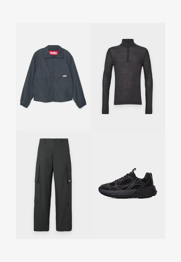 Zwarte zip-up jas met een hoge kraag, voorzien van twee voorkruimelzakken, elastische manchetten en een rood label binnenin de kraag.; Zwarte lange mouwen turtleneck shirt gemaakt van een gestructureerde stof, met een halve rits bij de kraag en aansluitende mouwen.; Zwarte cargo broek met rechte pijpen, zijflapzakken, knoopsluiting, riemlussen en een klein wit logo op de flap van de rechterzak.; Zwarte atletische sneaker met mesh- en leren details, dikke zool, "ICEBERG" en "1974" logo's, en lusjes op de tong en hiel.