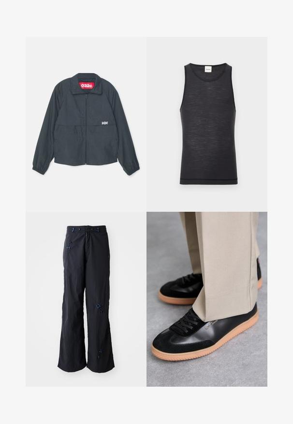 Schwarze Zip-Jacke mit hohem Kragen, ausgestattet mit zwei Fronttaschen, elastischen Bündchen und einem roten Etikett im Kragen.; Schwarzes ärmelloses Tanktop aus leichtem Material, mit rundem Halsausschnitt und subtiler Textur, sowie einem kontrastierenden Saumdetails.; Schwarze, leichte, weit geschnittene Hosen mit strukturierter Oberfläche. Mit blauen Akzenten und verstellbaren Zügen. Reißverschluss.; Paul Smith COMO - Sneaker low - black