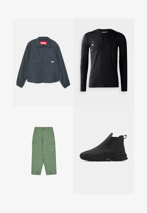 Zwarte zip-up jas met een hoge kraag, voorzien van twee voorkruimelzakken, elastische manchetten en een rood label binnenin de kraag.; Zwarte lange-mouwen sportshirt gemaakt van glad, rekbaar materiaal. Kenmerkt zich door glanzende zwarte accenten op de schouders en een Adidas-logo op de borst.; Groene cargo broeken met een ontspannen pasvorm, twee grote zijzakken en verstelbare enkels. Gemaakt van gestructureerde katoenstof.; Zwarte instap enkelboot met een gladde afwerking en een gestructureerde zool, voorzien van een treklus voor eenvoudig aan- en uittrekken. Vibram-logo zichtbaar op de zool.