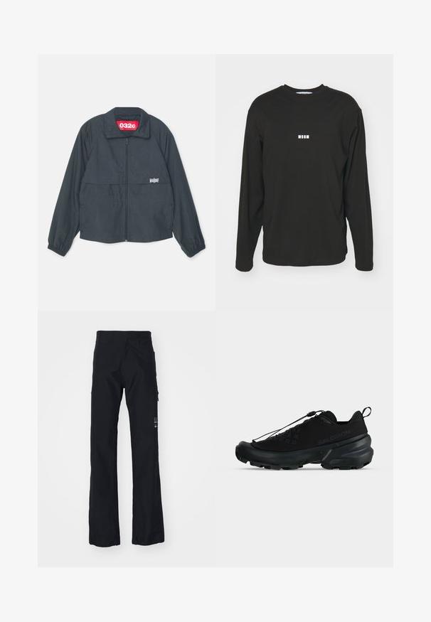 Black zip-up jacket with a high collar, featuring two front pockets, elastic cuffs, and a red label inside the collar.; Black long-sleeve T-shirt made of cotton, featuring a small white "MSGM" logo at the chest, round neck, and relaxed fit.; Black trousers made of a soft, durable fabric. Features straight legs, side pockets, and a logo on the lower right leg.; Black low-top Salomon sneaker with rugged sole, quick-pull lacing system, and subtle brand logo on the side.
