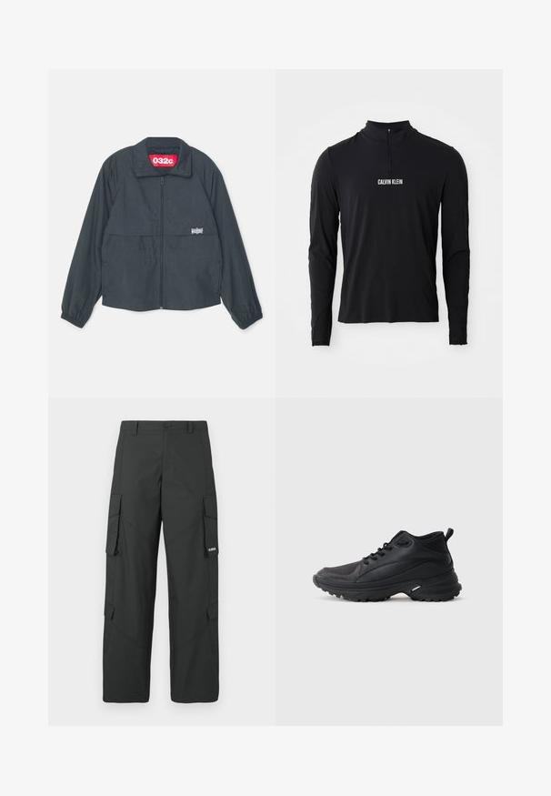 Black zip-up jacket with a high collar, featuring two front pockets, elastic cuffs, and a red label inside the collar.; Black long-sleeve top with a high collar, featuring a quarter zipper and white "CALVIN KLEIN" logo on the front. Smooth, stretchy fabric.; Black straight-leg cargo pants with side flap pockets, button closure, belt loops, and small white logo on right pocket flap.; Black athletic shoes made of synthetic material. Features a padded collar, round toe, sturdy outsole with traction, and brand logo detail.