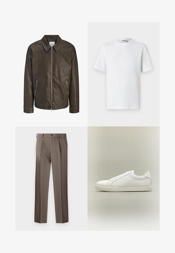 Veste en cuir marron avec un col, fermeture éclair à l'avant et deux poches latérales. Possède une surface texturée et une silhouette ajustée.; T-shirt blanc à manches courtes en maille gaufrée avec col rond, petite étiquette de marque à l'intérieur du col, présenté sur un fond uni.; Pantalons marron sur mesure avec plis, dotés d'une fermeture à bouton, de passants de ceinture et d'une texture tissée lisse. Design classique à jambe droite.; Baskets blanches basses à lacets sur l’avant et semelle épaisse, vues de côté sur un fond neutre.