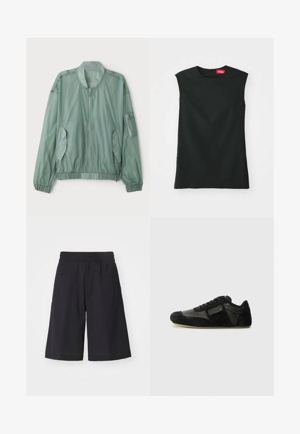 Svetlozelená bomber bunda vyrobená z ľahkého materiálu. Obsahuje zips vpredu, elastické manžety, dve bočné vrecká a zipsované vrecko na ramene.; Čierny top bez rukávov s okrúhlym výstrihom, hladkým materiálom a zipsom na zadnej strane. Obsahuje malú červenú nálepku s logom "032c" na krku.; Čierne šortky vyrobené z jemného materiálu, s elastickým pásom a bočnými vreckami, s voľným strihom a rovnými nohavicami.; Čierne tenisky vyrobené z semišu a kože. Majú nízky profil, zaoblenú špičku, šnurovací dizajn a textúrované akcenty. Podošvy majú textúru pre lepšiu trakciu.