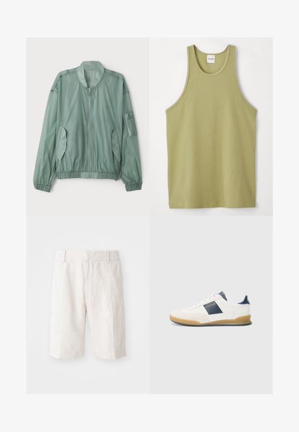 Svetlozelená bomber bunda vyrobená z ľahkého materiálu. Obsahuje zips vpredu, elastické manžety, dve bočné vrecká a zipsované vrecko na ramene.; Svetlozelený rebrovaný tílko s okrúhlym výstrihom a širokými ramienkami. Tkanina pôsobí jemne s jemnou textúrou a pravidelným lemom.; Ľanové šortky v svetlej béžovej farbe s elastickým pásom, bočnými vreckami a rovnými nohavicami. Hladká textúra s minimálne viditeľným šitím.; Biele tenisky s námorníckym akcentom, z semišového a koženého materiálu, s guľatou špičkou a gumovou podrážkou. Obsahujú logo na boku a na zadnej strane.