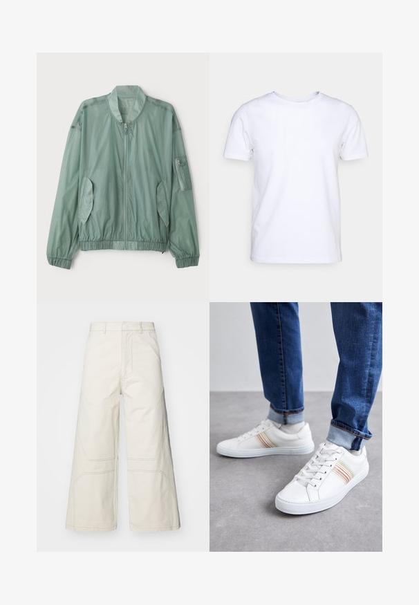 Svetlozelená bomber bunda vyrobená z ľahkého materiálu. Obsahuje zips vpredu, elastické manžety, dve bočné vrecká a zipsované vrecko na ramene.; Biela kratkosrstá bavlnená tričko s okrúhlym výstrihom. Jednoduchý dizajn bez vzorov alebo akcentov. Hladká textúra.; A-COLD-WALL* FORMAT PANT - Nohavice - beige bone; Biele kožené tenisky s viacfarebnými prúžkami, šnurovací dizajn, gumená podrážka a polstrovaný golier, skombinované s modrými džínami.