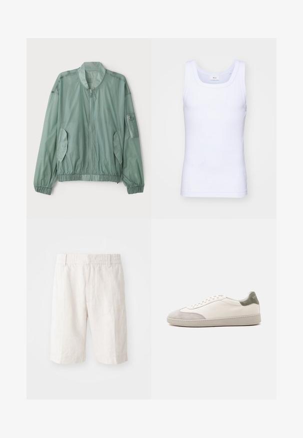 Svetlozelená bomber bunda vyrobená z ľahkého materiálu. Obsahuje zips vpredu, elastické manžety, dve bočné vrecká a zipsované vrecko na ramene.; Biela bavlnená tielko bez rukávov s okrúhlym výstrihom, s hladkou textúrou a priliehavým strihom, navrhnuté pre neformálne nosenie.; Ľanové šortky v svetlej béžovej farbe s elastickým pásom, bočnými vreckami a rovnými nohavicami. Hladká textúra s minimálne viditeľným šitím.; Biely nízky teniska s jemne sivými semišovými akcentmi na špičke a päte, bielymi šnúrkami a rovným béžovým podrážkou, zobrazená z vonkajšej strany.