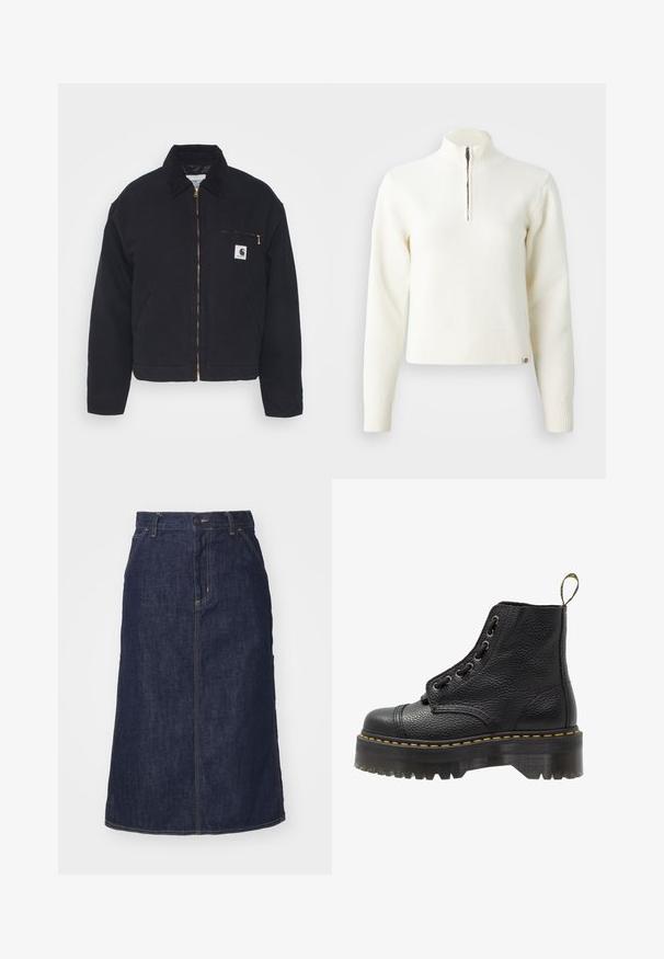 Zwart denim jack met een corduroy kraag, ritssluiting vooraan en een borstzak met een gouden rits en een logo patch aan de linkerkant.; Witte sweater met ritssluiting en lange mouwen. Gemaakt van een zachte gebreide stof, met ribgebreide boorden en een zoom. Subtiele merklogo aan de zoom.; Donkere spijkerrok met een hoge taille, recht gesneden, voorzakken en gestikte naden. Voorzien van een rits en knoopsluiting op de taille.; Zwarte leren enkelboot met een gestructureerd oppervlak, ronde neus, vetersluiting, gele stiksels en een dikke, geribbelde zwarte plateauzool.