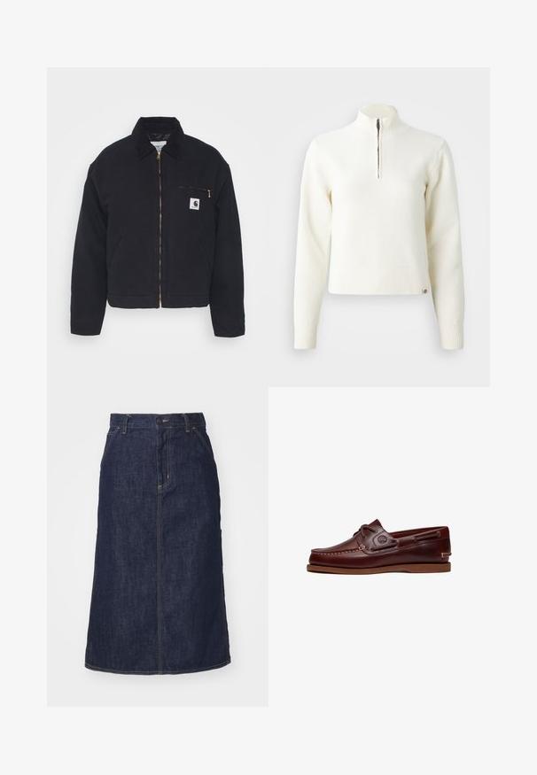 Zwart denim jack met een corduroy kraag, ritssluiting vooraan en een borstzak met een gouden rits en een logo patch aan de linkerkant.; Witte sweater met ritssluiting en lange mouwen. Gemaakt van een zachte gebreide stof, met ribgebreide boorden en een zoom. Subtiele merklogo aan de zoom.; Donkere spijkerrok met een hoge taille, recht gesneden, voorzakken en gestikte naden. Voorzien van een rits en knoopsluiting op de taille.; Bruine leren boot schoen met veters, stiksel details en Timberland-logo aan de zijkant, weergegeven op een witte achtergrond.
