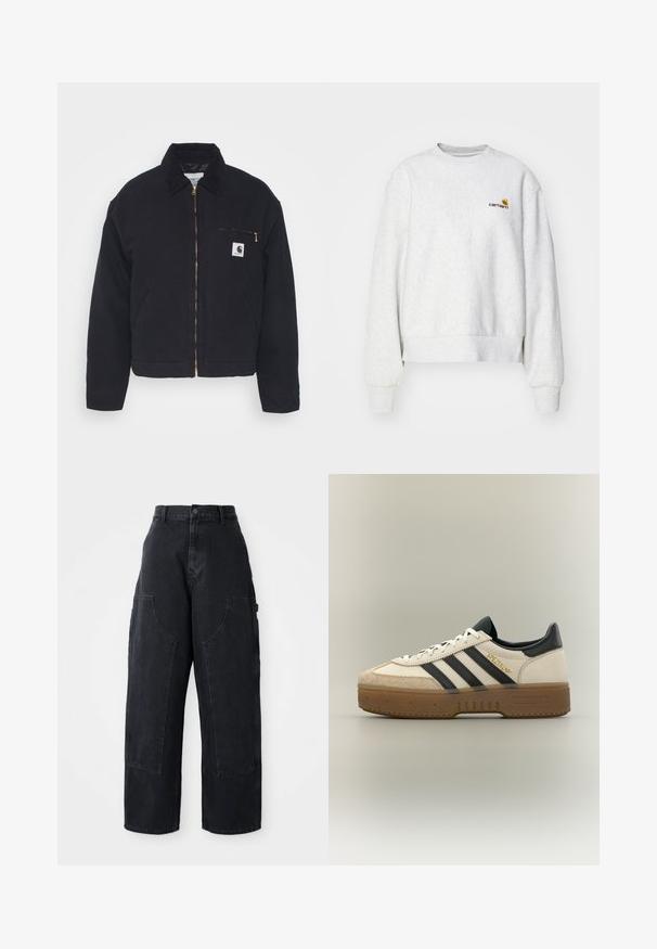 Veste en denim noir avec un col en velours côtelé, fermeture éclair à l'avant et une poche poitrine avec une fermeture éclair dorée et un patch logo sur le côté gauche.; Sweatshirt gris à col rond en tissu doux avec des poignets et un ourlet côtelés ; présente un logo brodé sur la poitrine en jaune et bordeaux.; Pantalons cargo larges en denim noir à taille haute, avec deux grandes poches avant et une fermeture à bouton à la taille. Texture lisse, design décontracté.; Baskets blanches Adidas avec bandes noires, bout en daim beige, semelle marron et "SPEZIAL" en lettres dorées sur le côté.